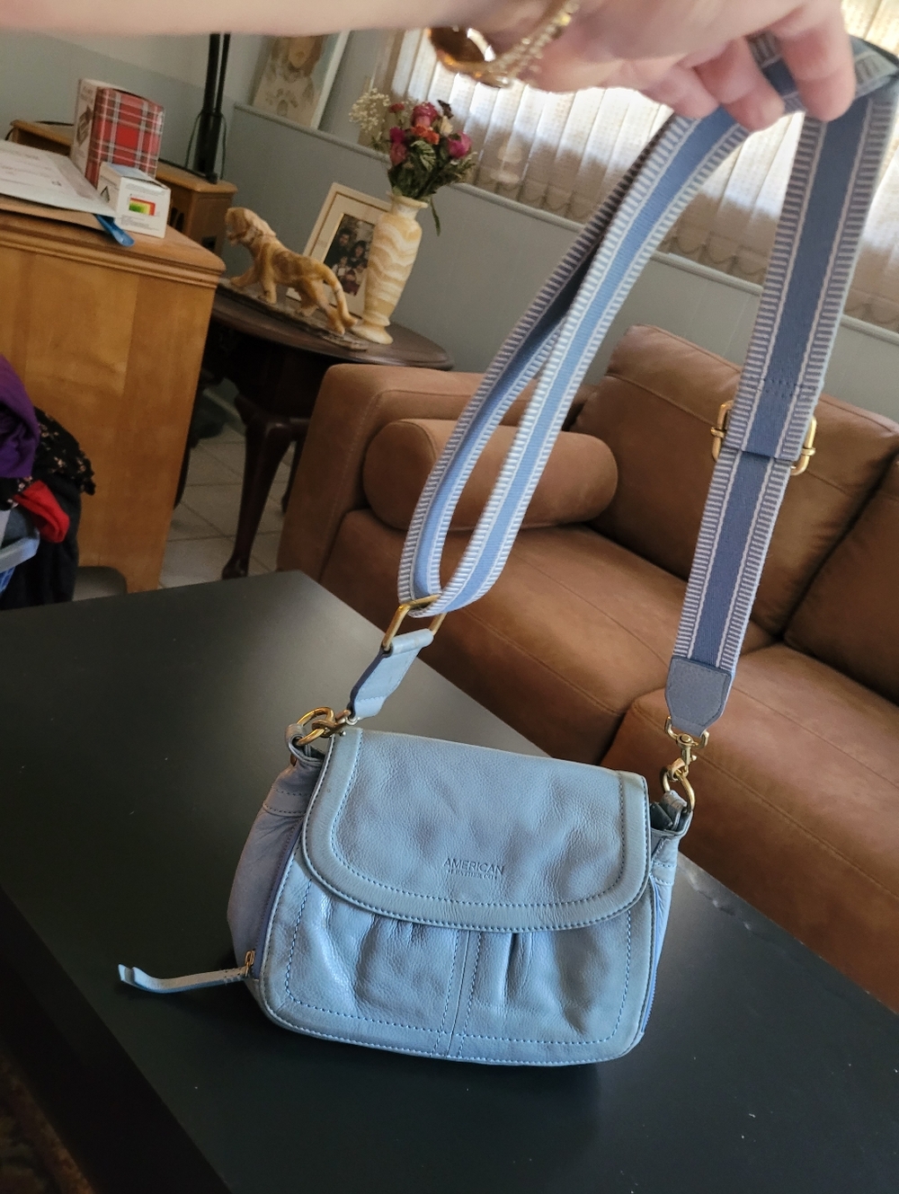 Amercan Leather Company Blue Leather Crossbody Bag with Adjustable Stripe Strap
